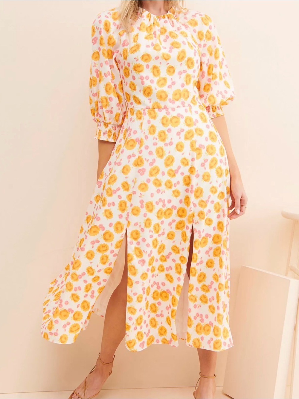 Keepsake Porcelain Rose Yellow Pink Floral Quarter Sleeve Midi Dress Size 10